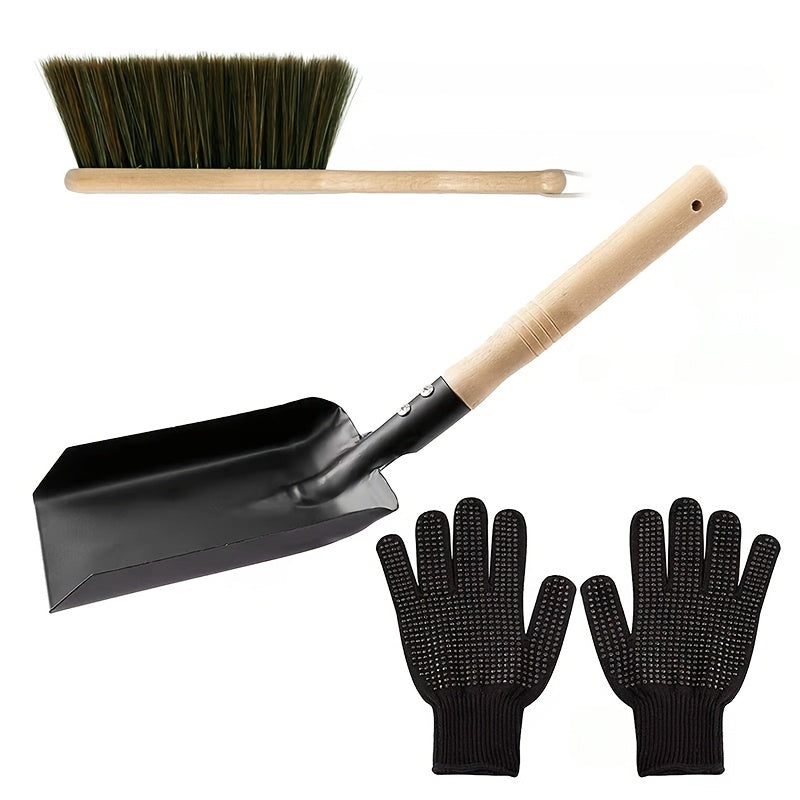 Fireplace Cleaning Kit with Metal Shovel Ash Scoop Gloves for Wood Stove Maintenance