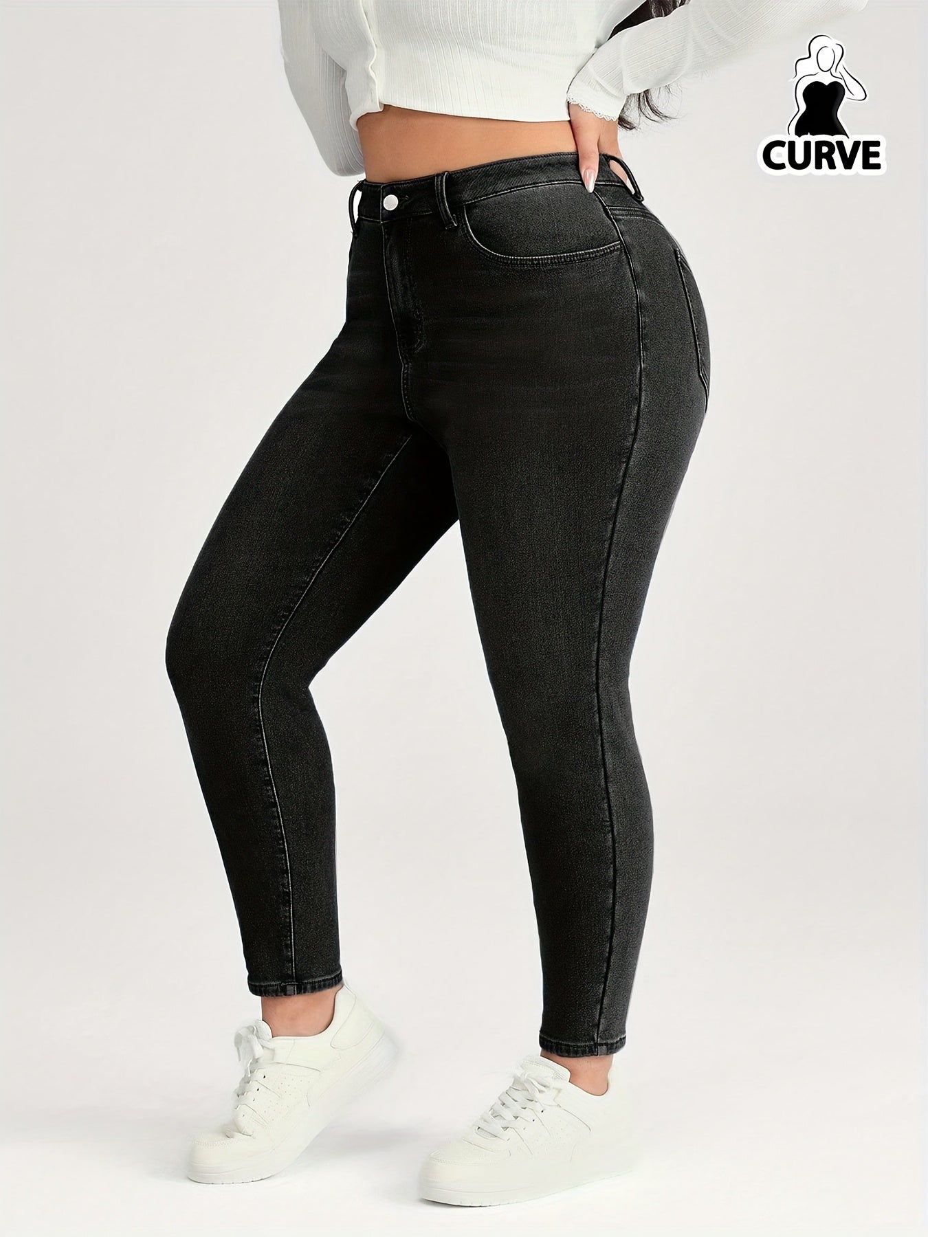 Ayollar uchun yuqori belli elastik skinny jinsilar, qora, kundalik denim