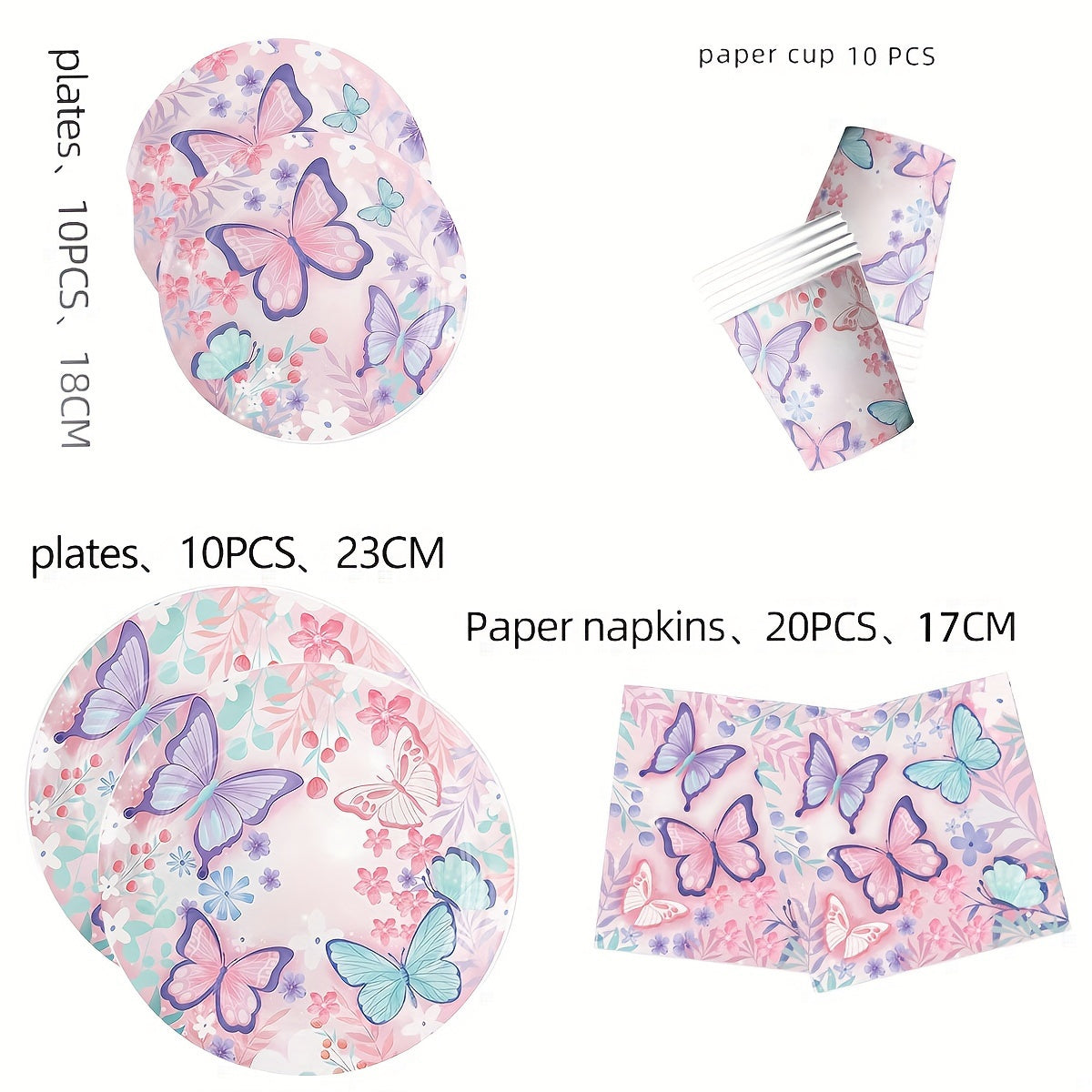 Ekologik toza kapalak mavzusidagi bir martali ishlatiladigan dasturxon to'plami 50 donadan iborat - Qog'oz tarelkalar, salfetkalar, tug'ilgan kun bezaklari uchun stakanlar, elektr energiyasini talab qilmaydi.