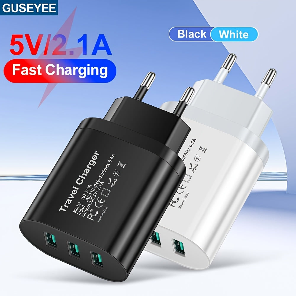 Cargador de pared USB de 3 puertos, adaptador de viaje de carga rápida, blanco y negro