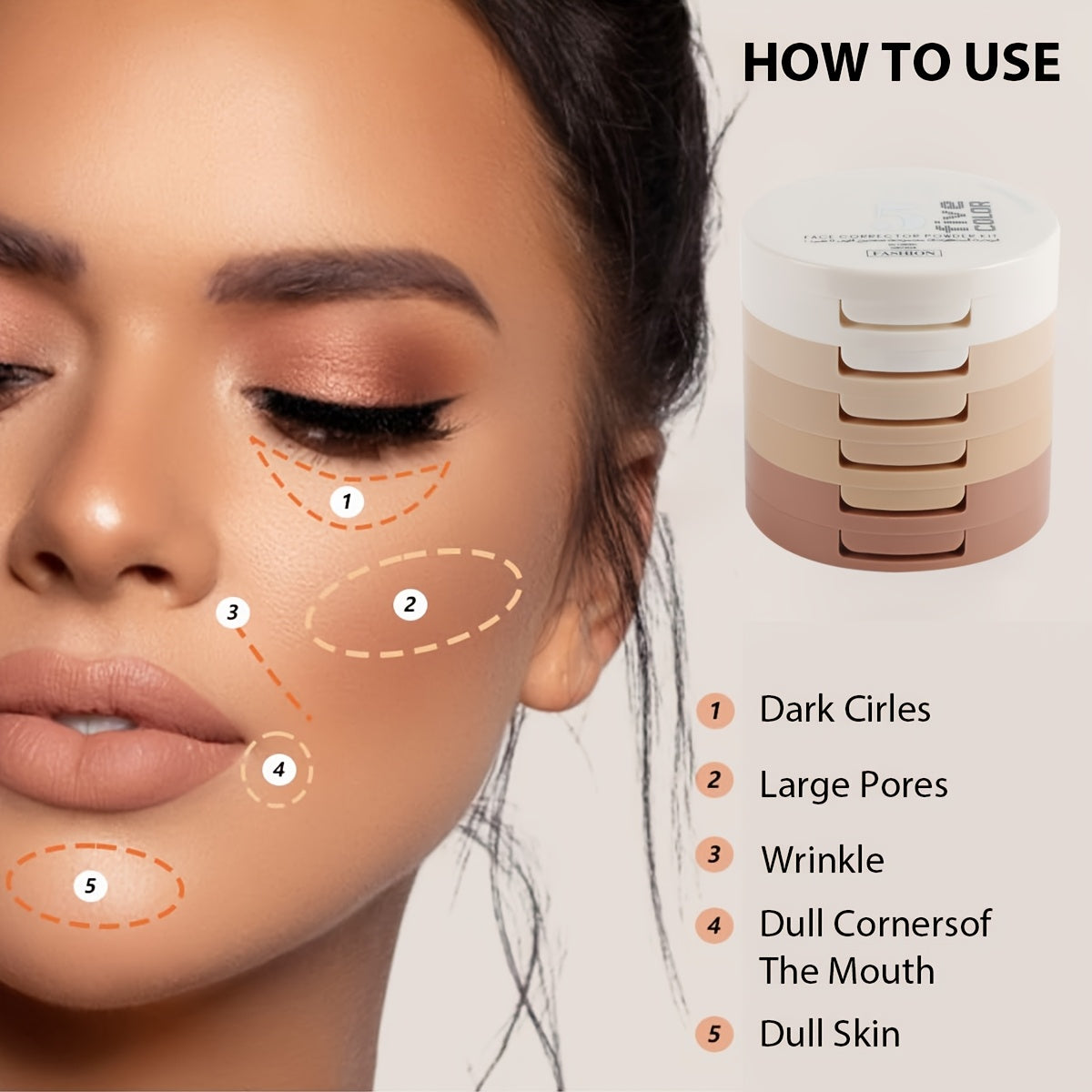 Ayollar uchun rangni to'g'rilovchi kompakt pudra 5 ta soyali yog'ni nazorat qilish va yoritish