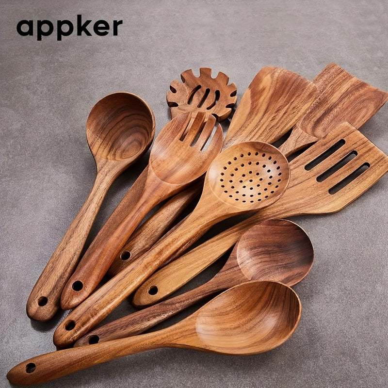 Set of 9 Acacia Wood Kitchen Utensils Including Spoons Spatulas and Noodle Fish Fryers