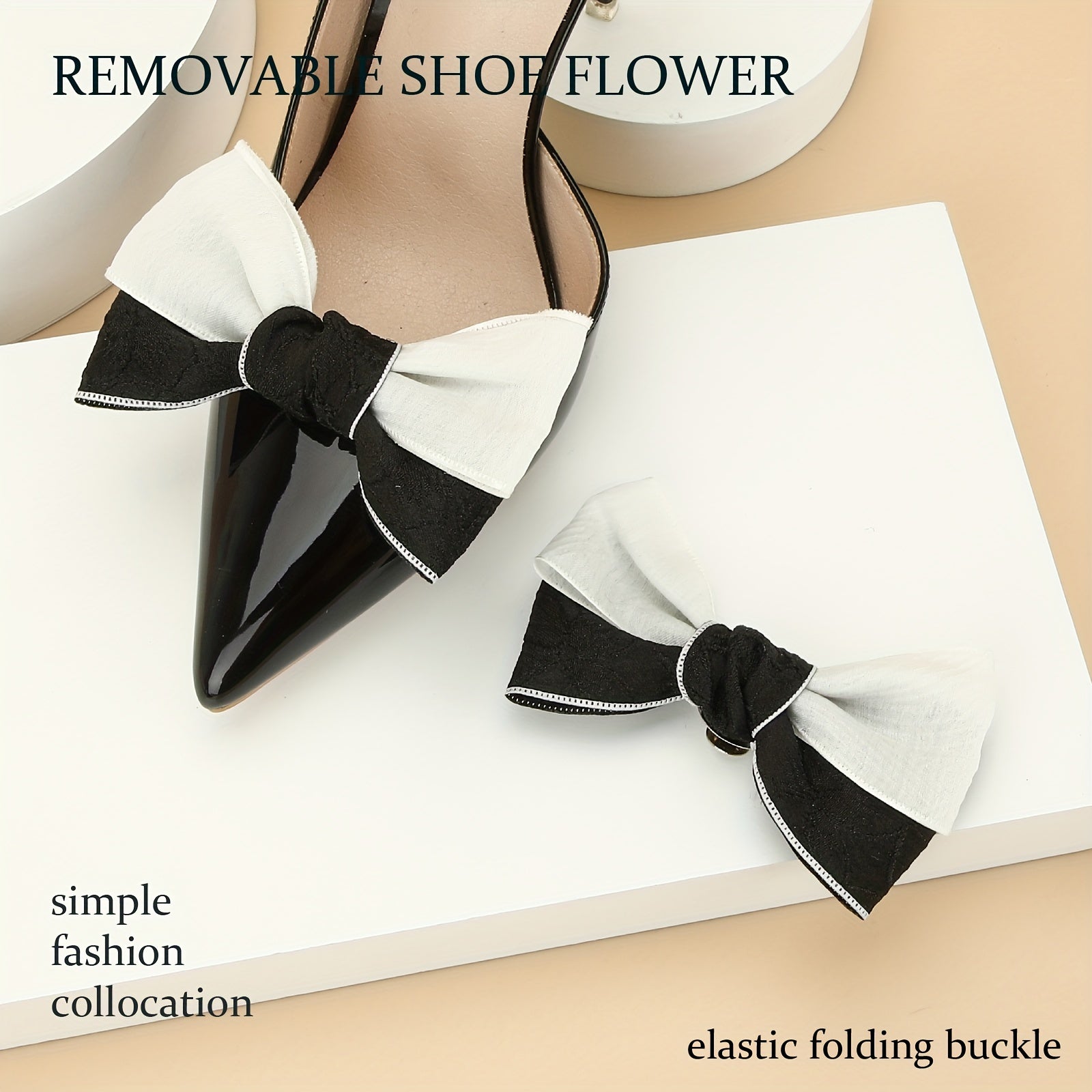 Women's Black and White Bow Shoe Clips, Polyester Fabric, High Heel Accessories