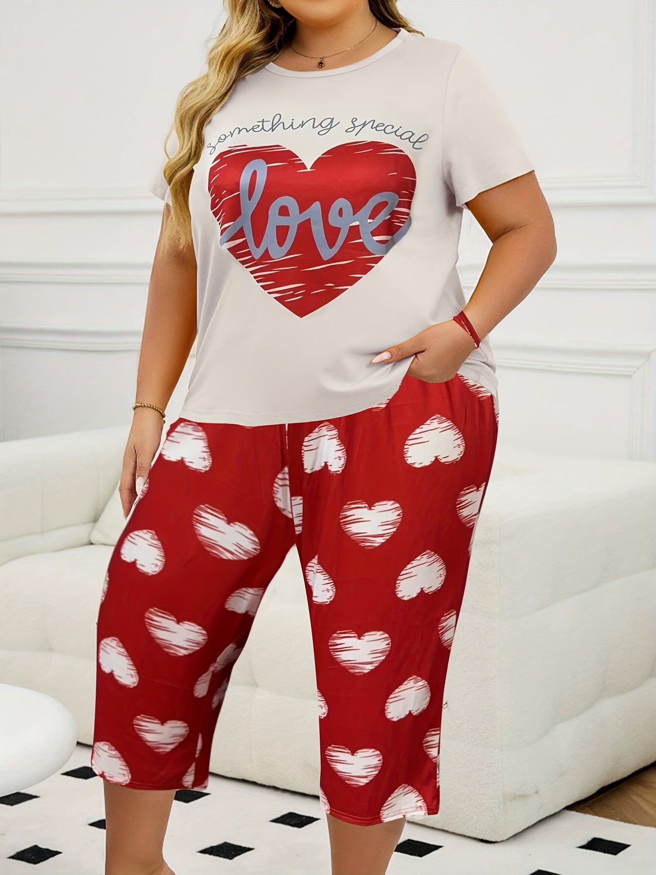 Girls Red Love Print Short Sleeve and Shorts Set