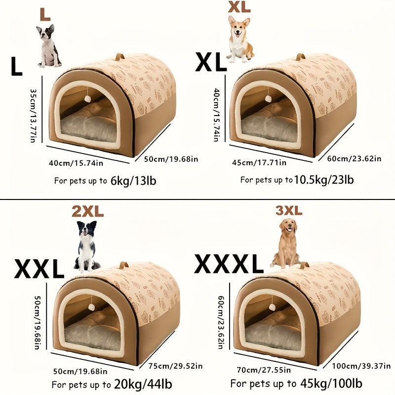 Двухвостный съемный питомник из фланели с шарообразным подвесом, подходящий для собак и кошек в качестве гнезда или укрытия, с ручкой и доступный в различных размерах для удобства.