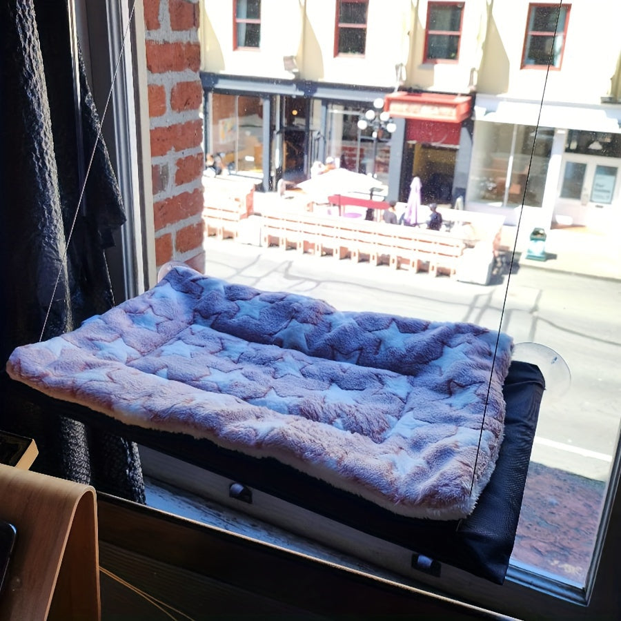 White and Gray Plaid Cat Hammock with Detachable Blanket and Secure Straps for Indoor and Balcony Use