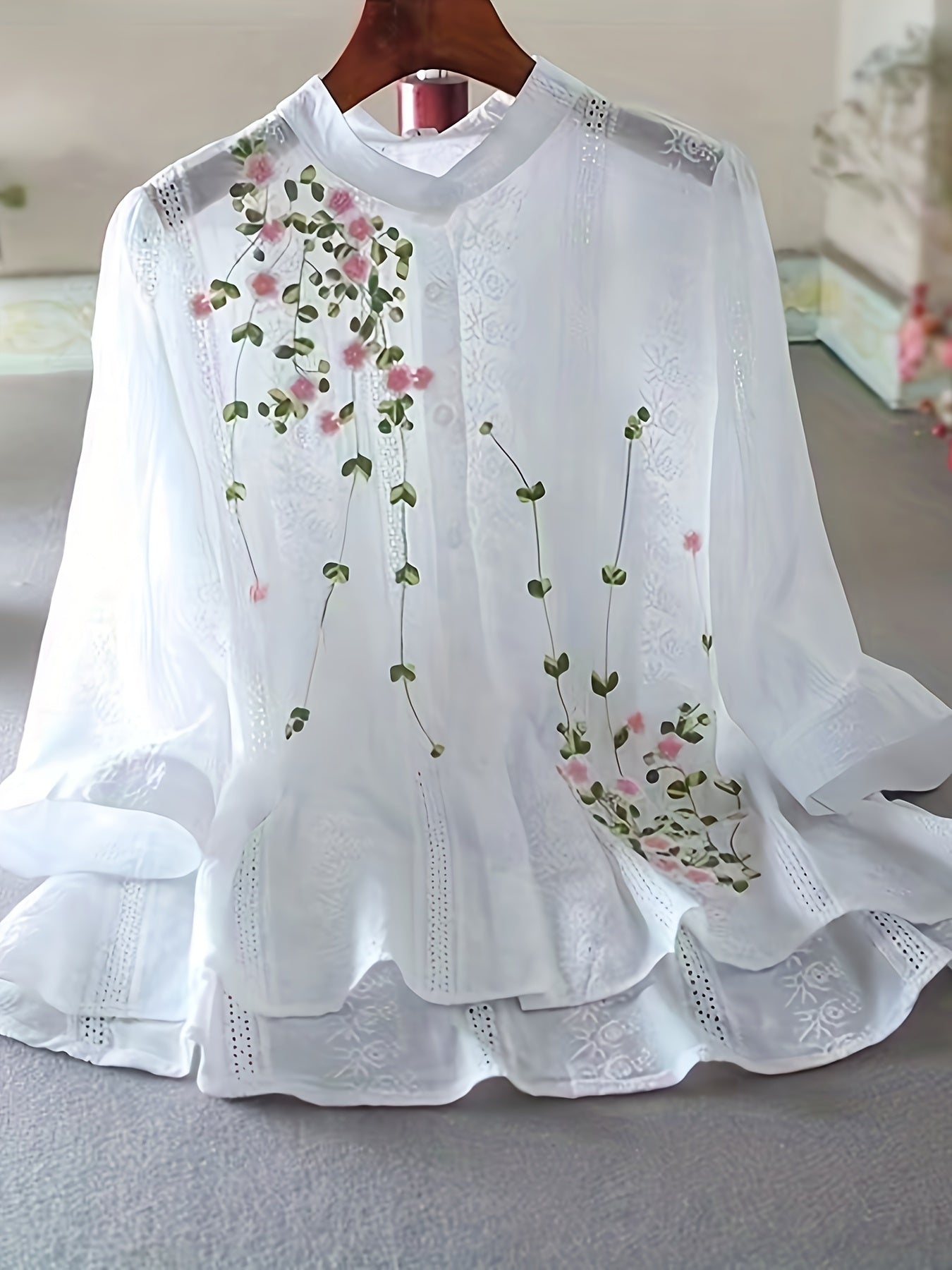Women's Sheer White Floral Blouse with Ruffled Cuffs and Round Neck for Spring Summer
