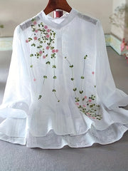 Women's Sheer White Floral Blouse with Ruffled Cuffs and Round Neck for Spring Summer