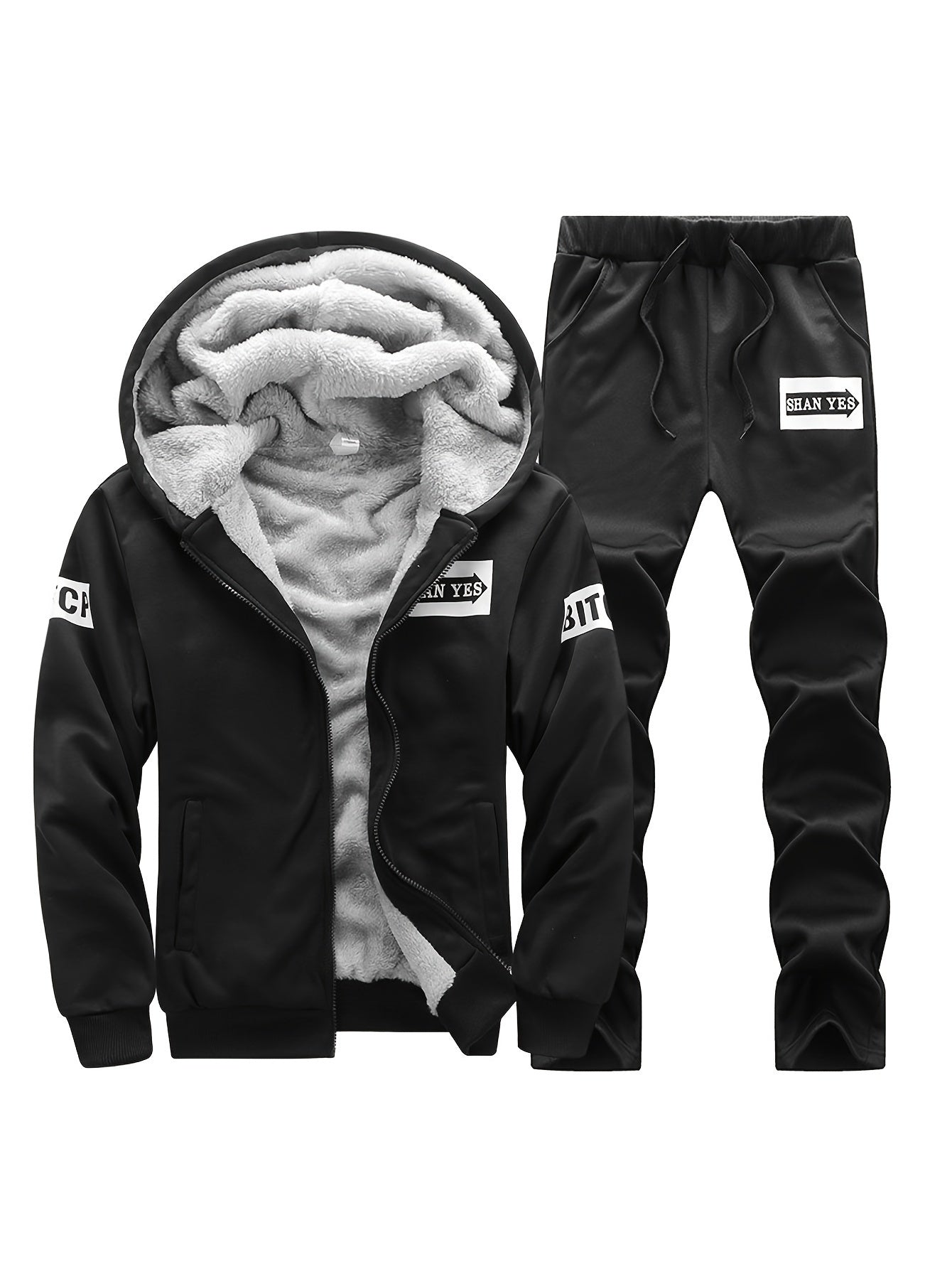 Men's Winter Fleece-Lined Hooded Jacket and Joggers Set Polyester Casual Warm Athletic