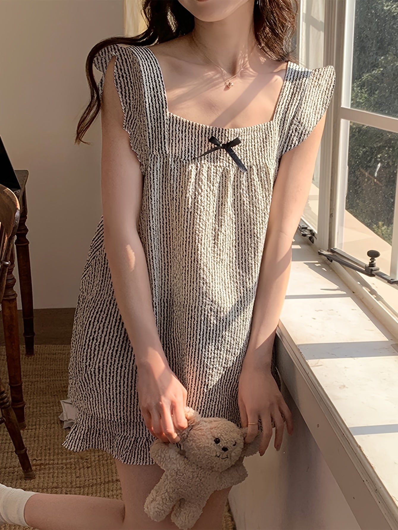 Conjunto de pijama de verano para mujer, rayas, sin mangas, manga corta, microelástico, poliéster