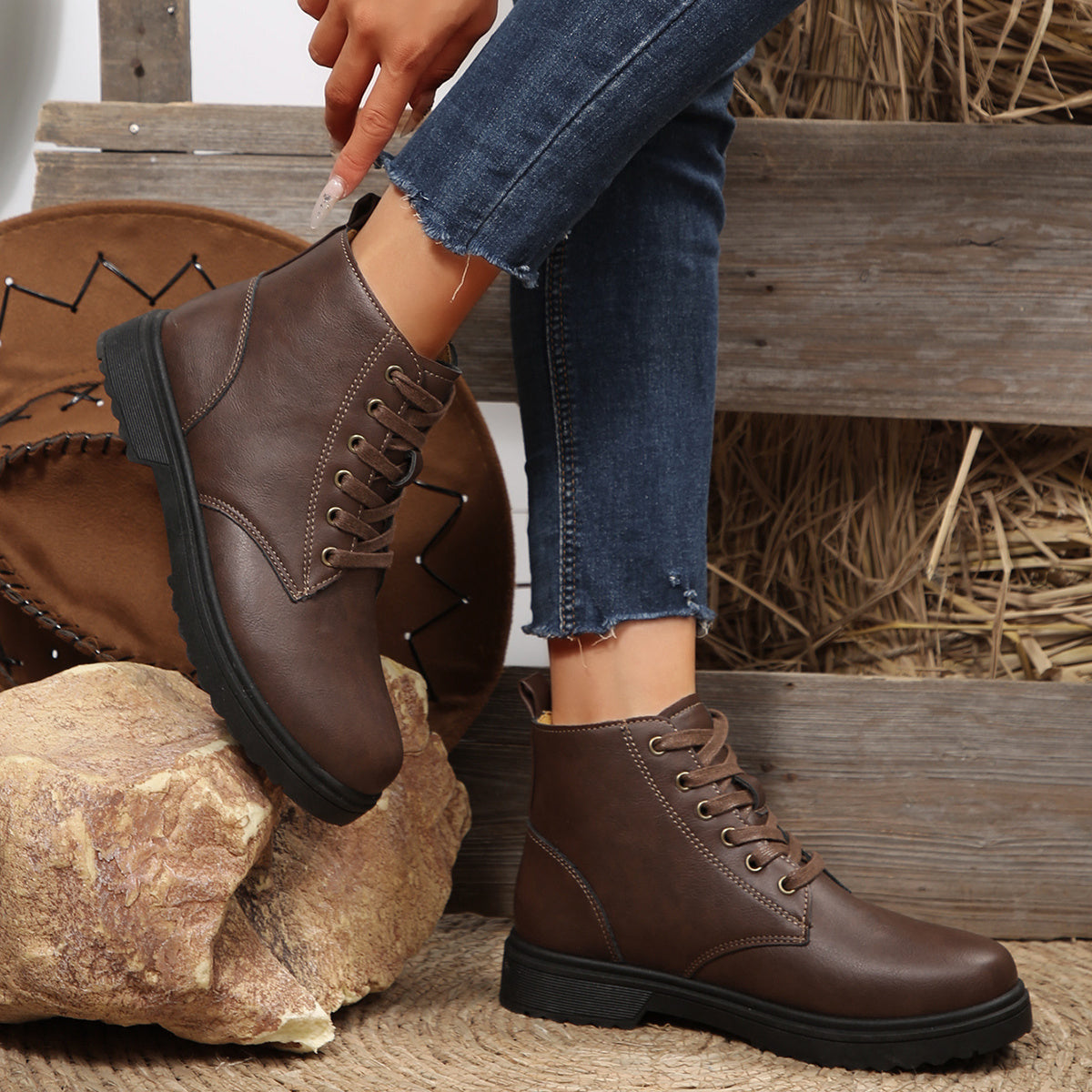 Women's Brown Synthetic Ankle Boots with Lace-Up Closure and Flat Heel