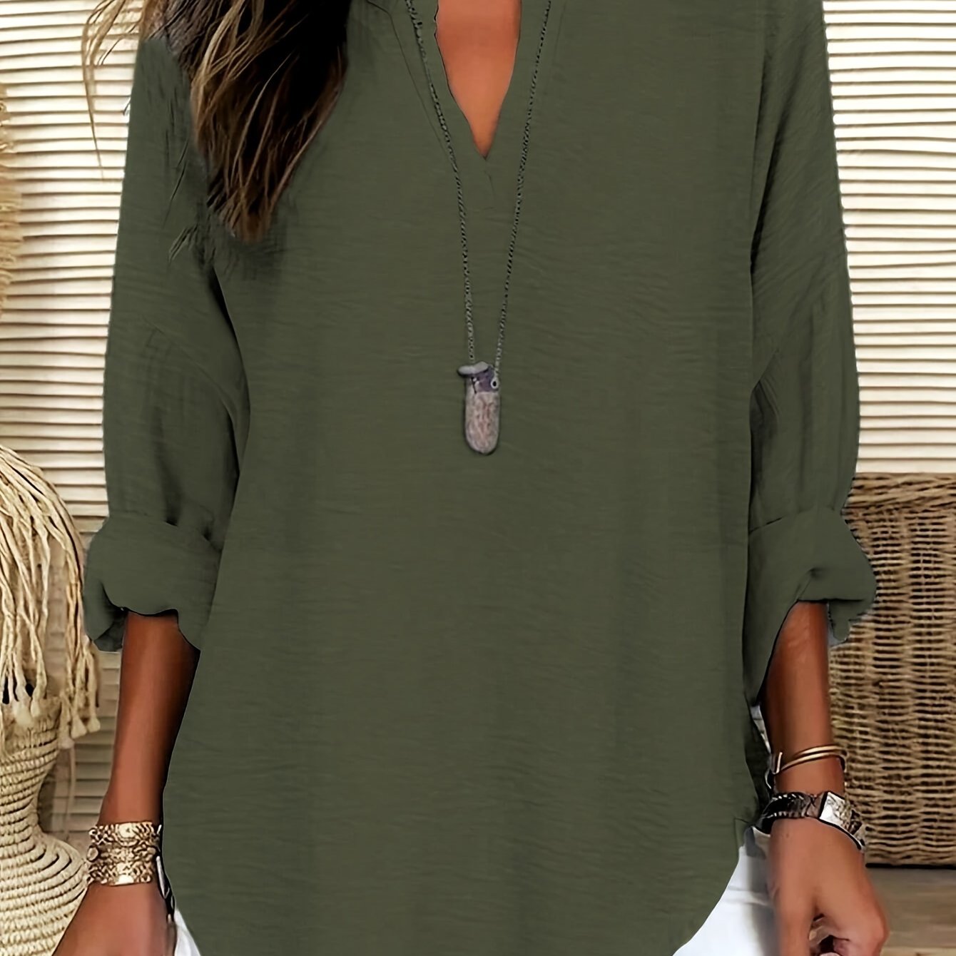 Women's V-Neck Blouse Long Sleeve Drop Shoulder Solid Polyester Spring Fall Casual