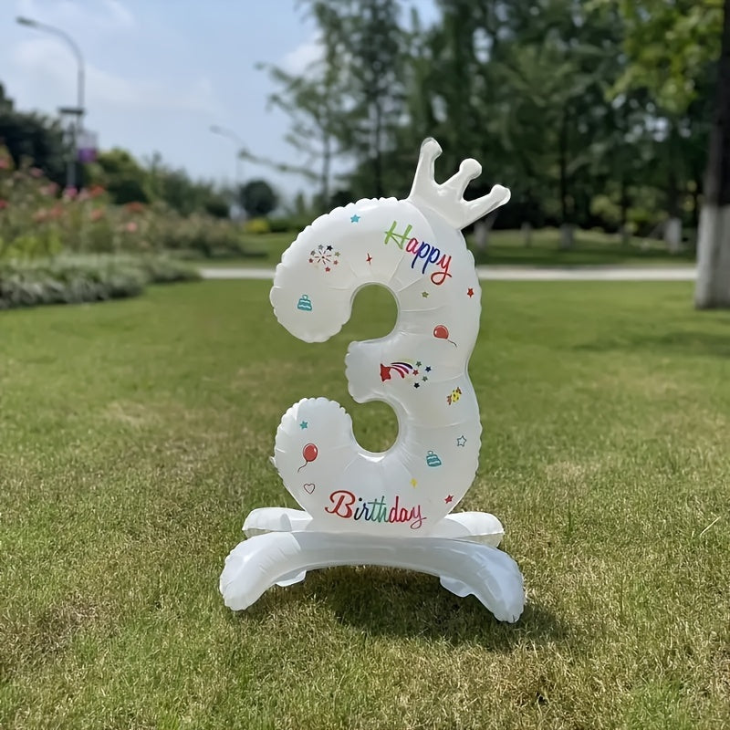 White 32-Inch Crown Number Balloon with Colorful Designs for Birthday Party