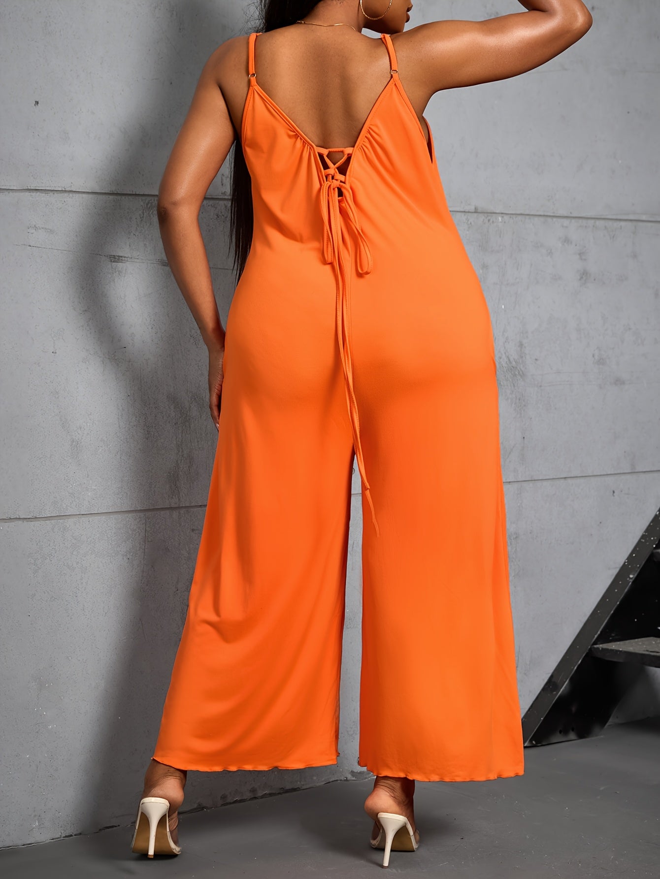 Plus Size Knit Pants V-Neck Slingback Solid Color Spring Summer