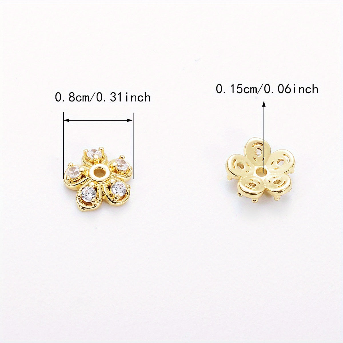 Brass Flower Bead Caps Set of 20 with Synthetic Cubic Zircons 6mm 8mm 10mm