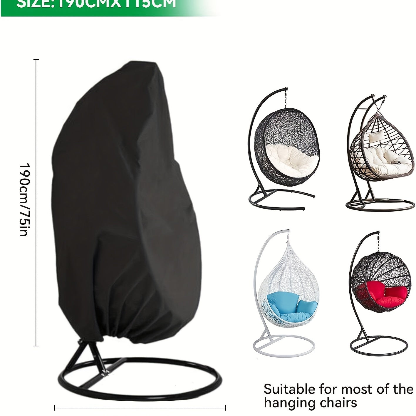 Qora polyester kreslolar uchun 115x190cm changdan himoya qiluvchi qopqoq, sving va tuxum kreslolar uchun