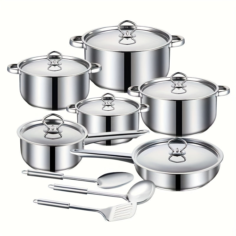 Stainless Steel Cookware Set 15 Pieces with Frying Pans and Sauce Pans for Kitchen and Restaurant