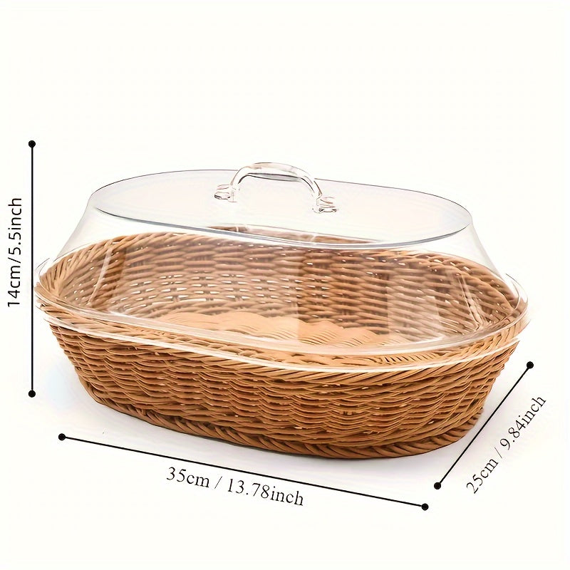 Wicker Bread Basket with Clear Acrylic Lid for Kitchen, Picnic, and Home Display