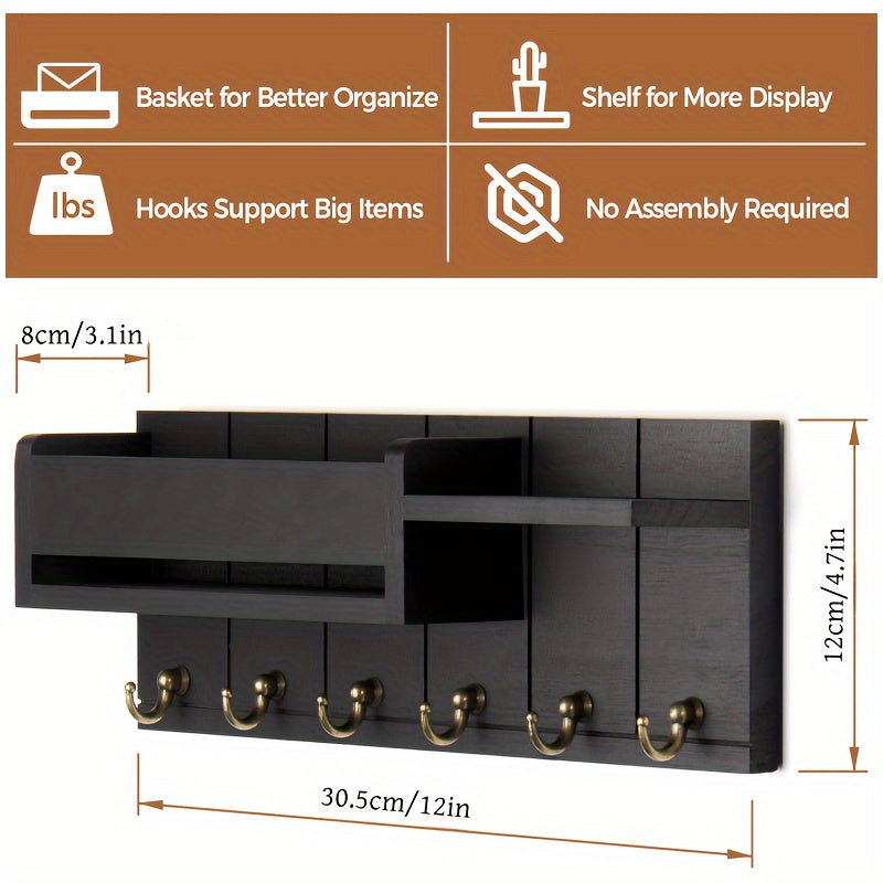 Perchero de pared de madera con organizador de correo y bandeja decoración de estilo rústico