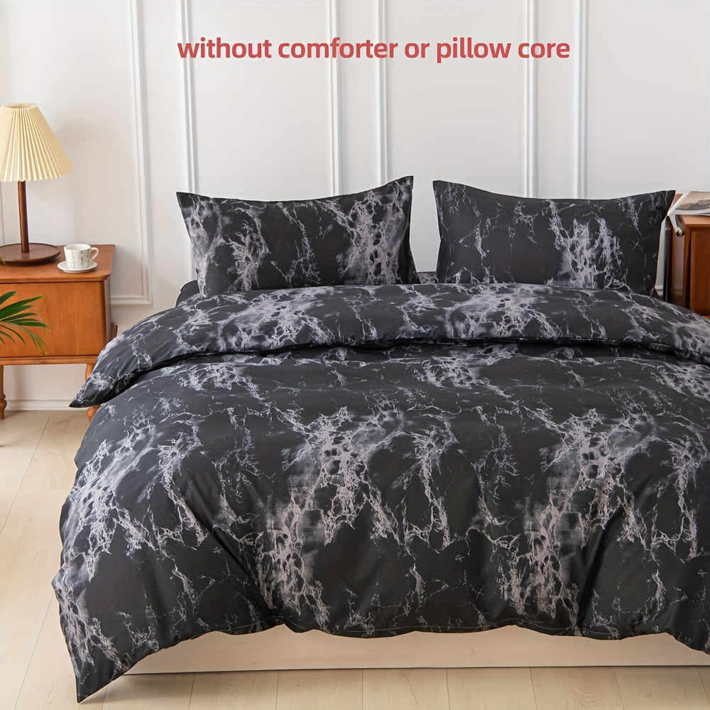 Black and White Marble Print Bedding Set 3 Piece Polyester Duvet Cover and Pillowcases