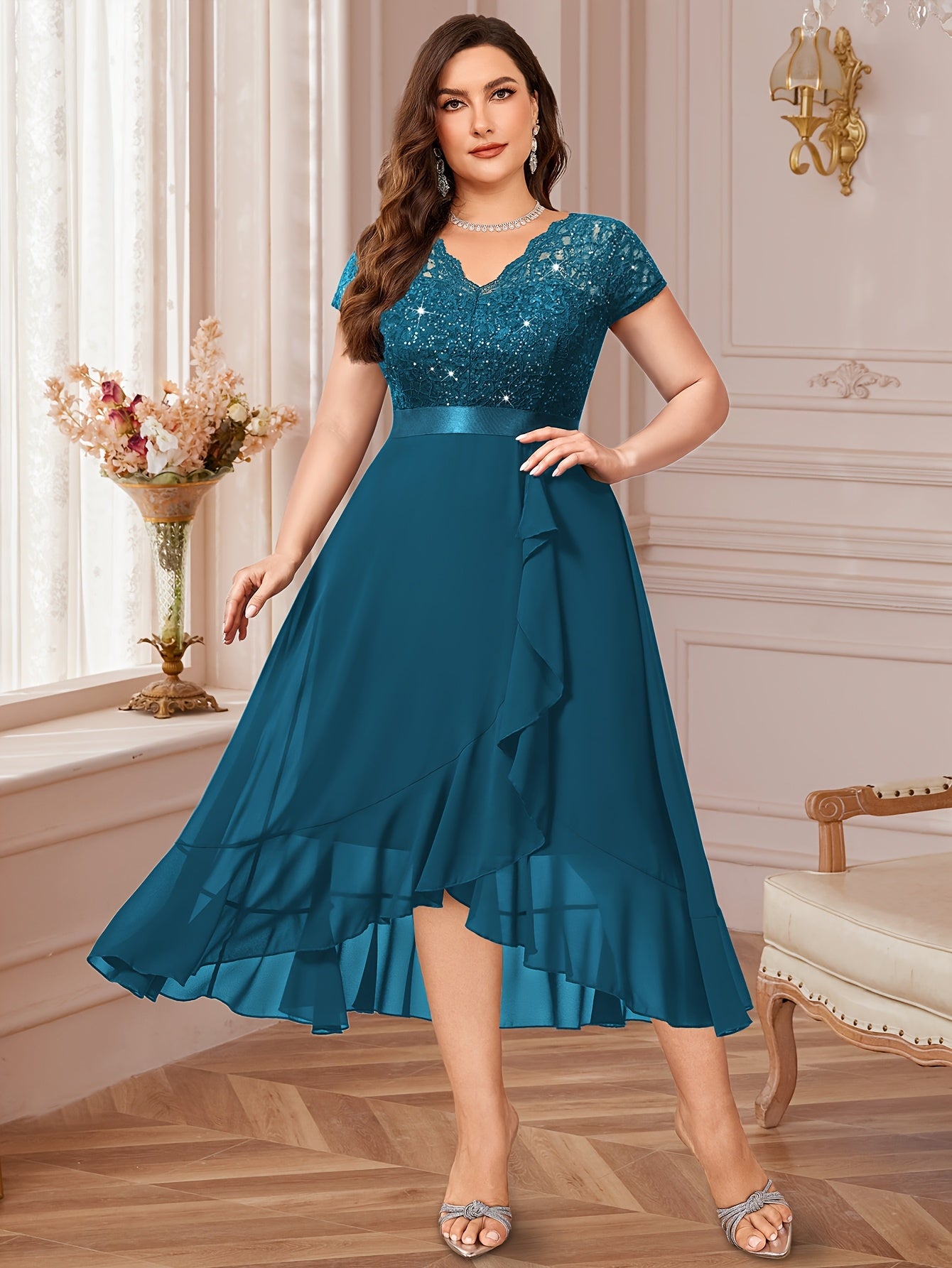 Plus Size V-Neck Lace Dress with Ruffle Hem Sleeveless Midi Party Gown Purple