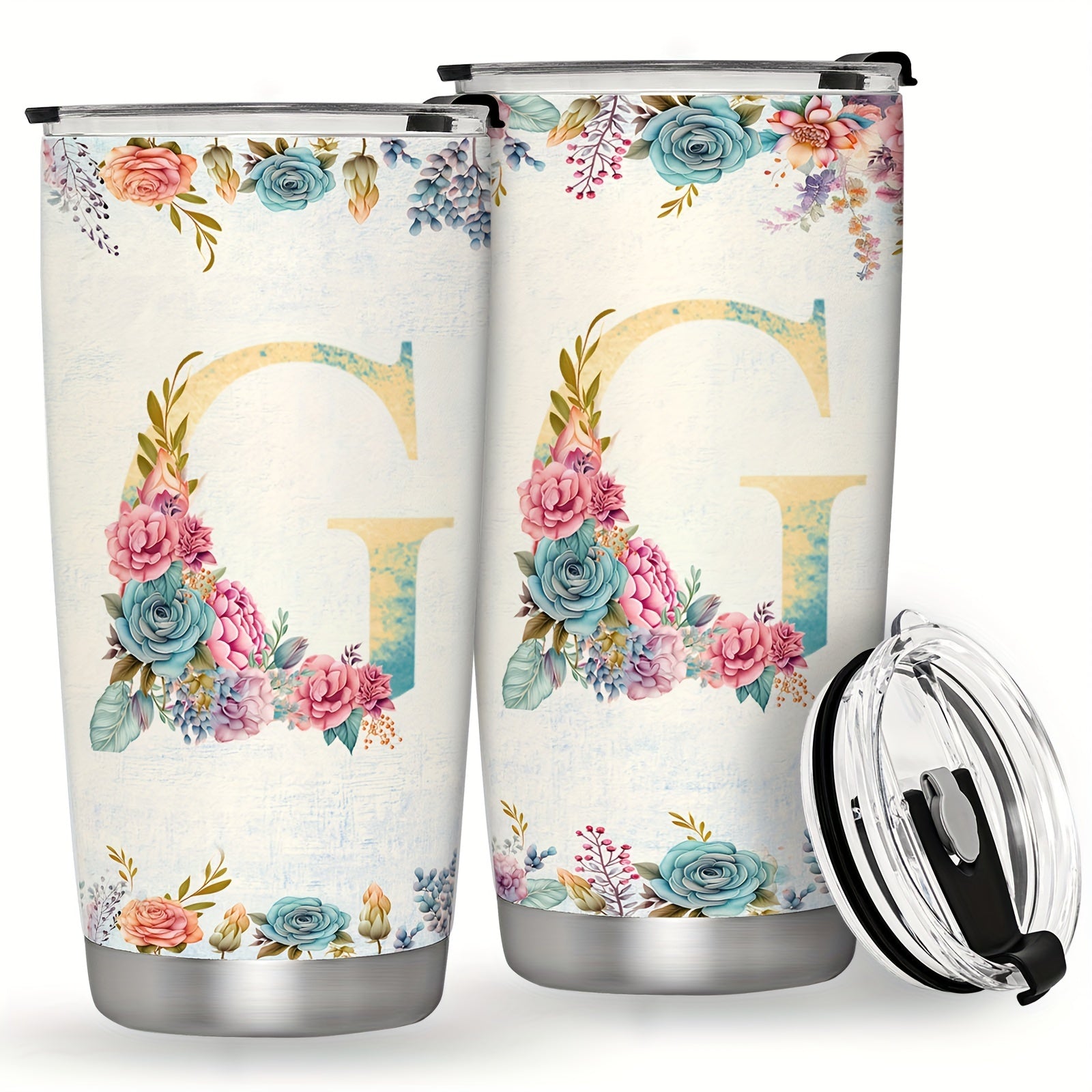 20oz Stainless Steel Tumbler with Monogram Floral Design Leak Proof Lid for Outdoor Use