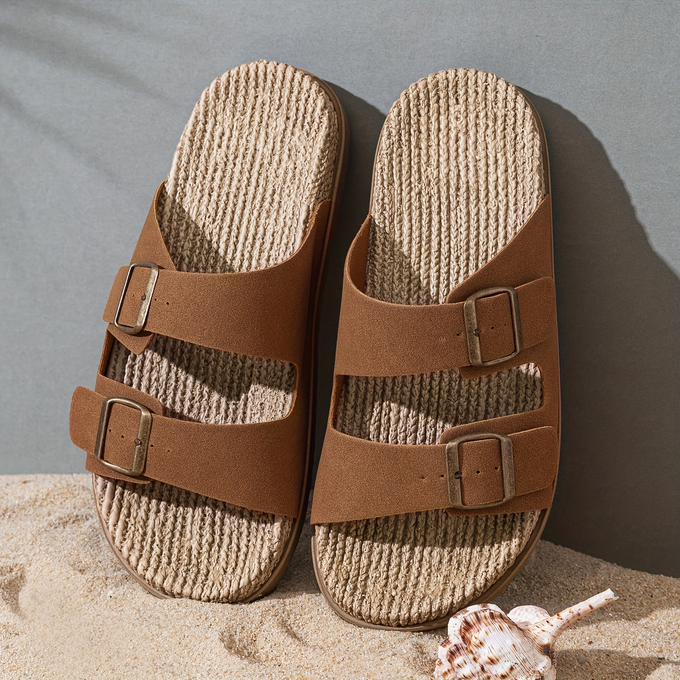 Erkaklar uchun bir rangli ochiq barmoqli slippers, bog'ichli tasmalari bilan, nafas oladigan va qulay EVA tagligi, plyaj yoki tasodifiy kiyim uchun mukammal.