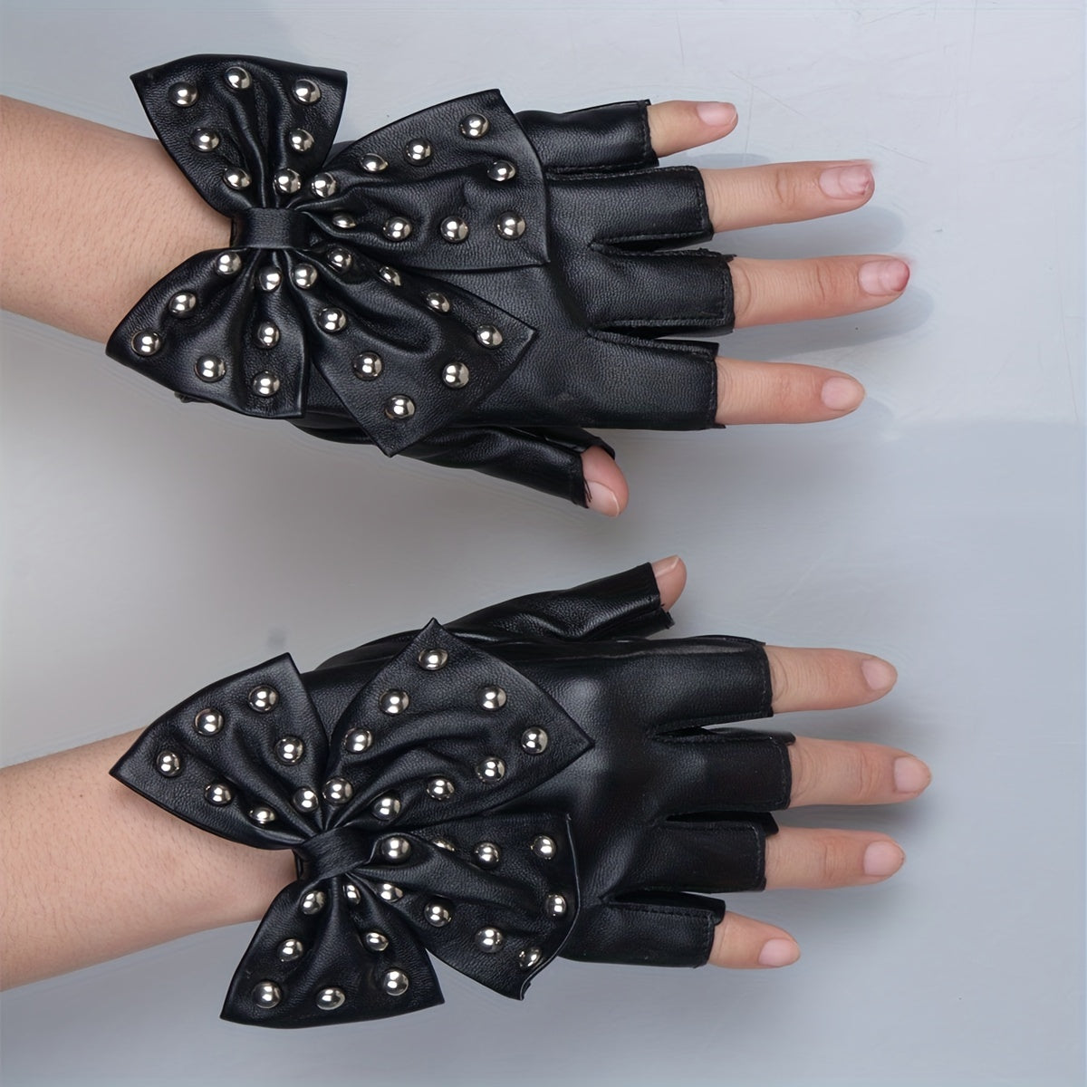 Women's Half Finger Rivet Bow PU Leather Gloves for Punk Dance and Hip Hop