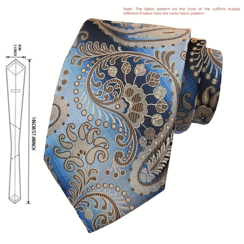 Set of 3 Men's Business Ties with Matching Pocket Square and Cufflinks in Jacquard Fabric