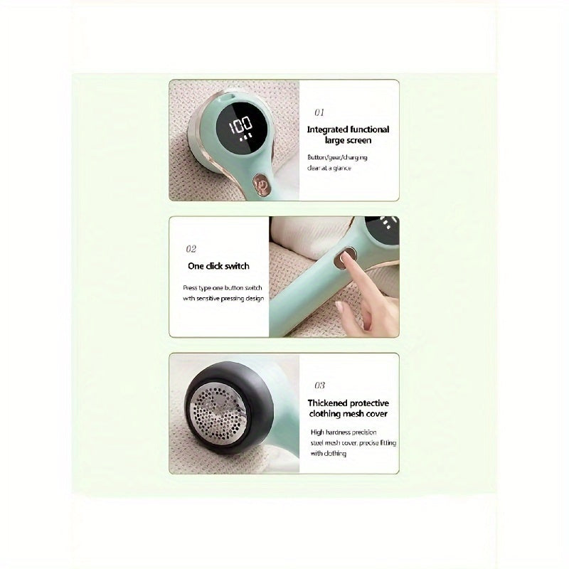 Kiyimlardan to'kintilar va sochlarni olib tashlash uchun elektr mato qirqish mashinasi. USB port bilan zaryadlanadigan, 3-rejimli sozlamalar va 6 ta pichoq bilan jihozlangan. LED ekranida batareya darajasini ko'rsatadi.