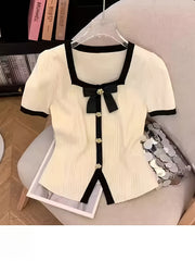 Plus Size Women's Square Neck Ice Silk Blouse with Bow Detail