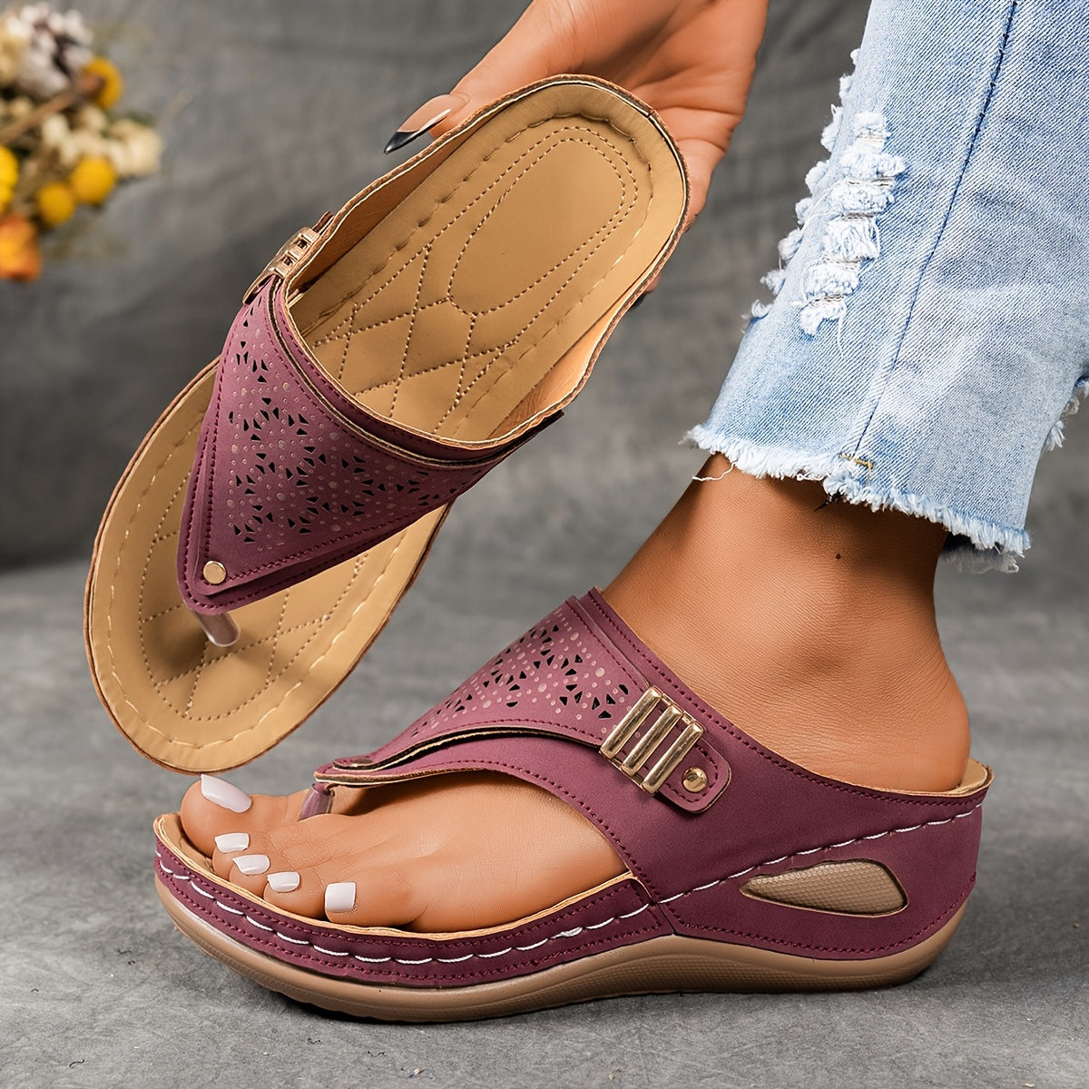 Women's Platform Wedge Sandals Slip-On Thong Cut-Out Beach Casual