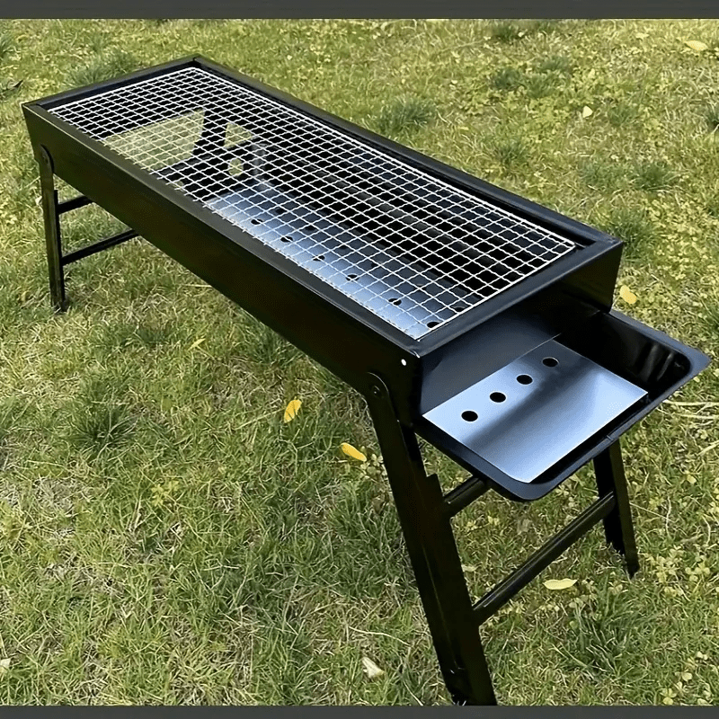 Portable Folding Charcoal Grill with Mesh Top and Side Shelves for Camping and Outdoor Cooking