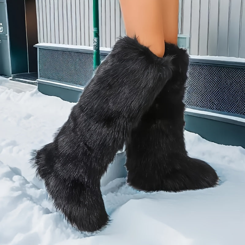 Women's Faux Fur Snow Boots Warm Winter Knee-High Fur-Lined Non-Slip Black White Zebra