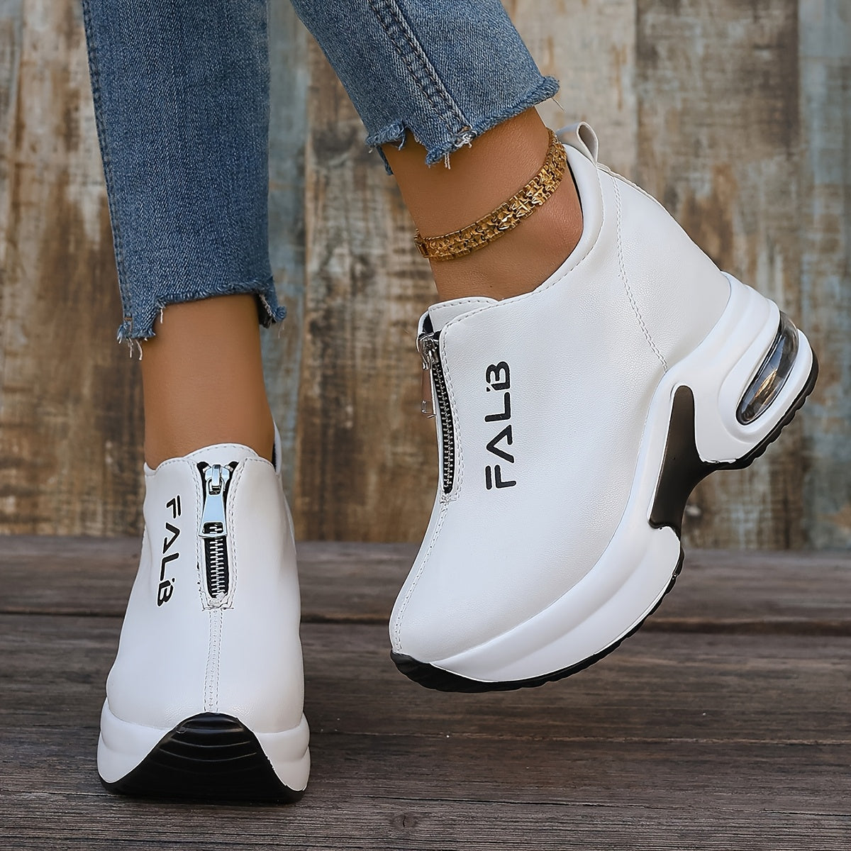 Women's Fashion Sneakers with Air Cushion Zipper Closure Solid Low Top Rubber Sole