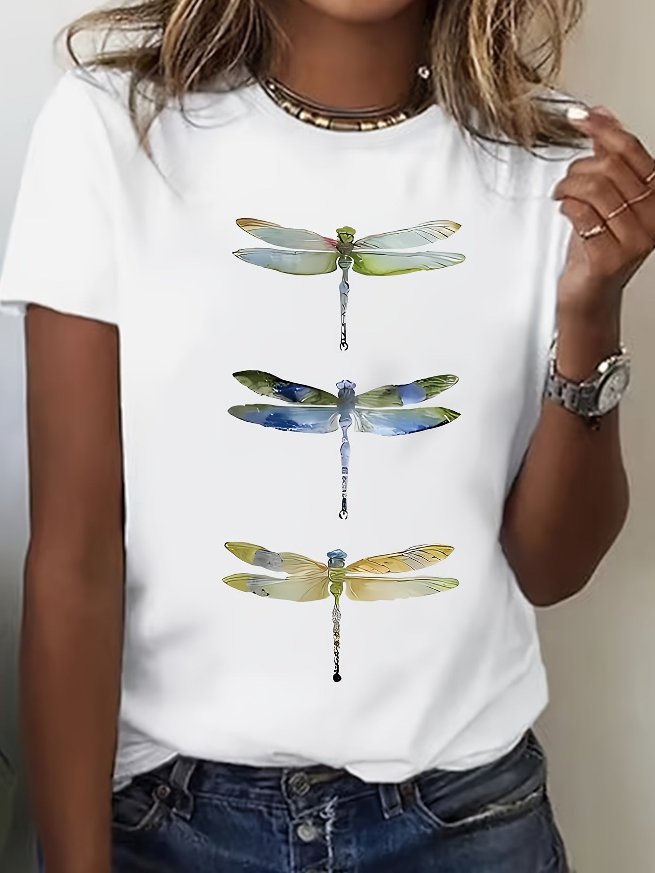 Women's White Short Sleeve Shirt with Colorful Dragonfly Print