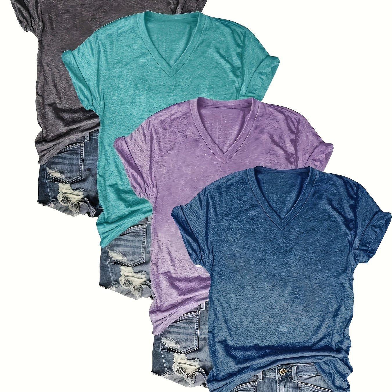 Women Solid Color V-Neck T-Shirts Casual Short Sleeve Spring Summer