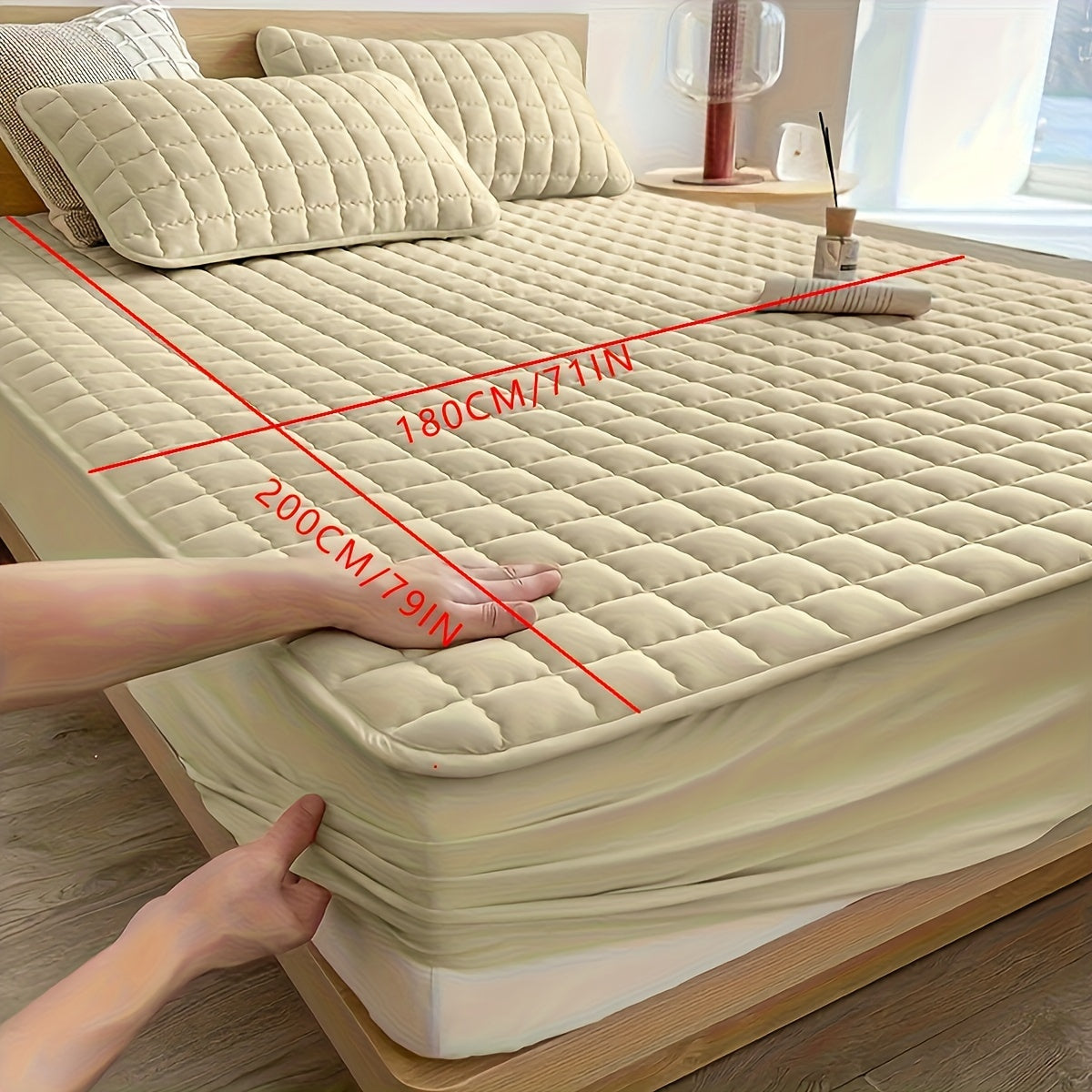 Light Gray Quilted Waterproof Fitted Sheet Breathable Polyester Deep Pockets Easy Care