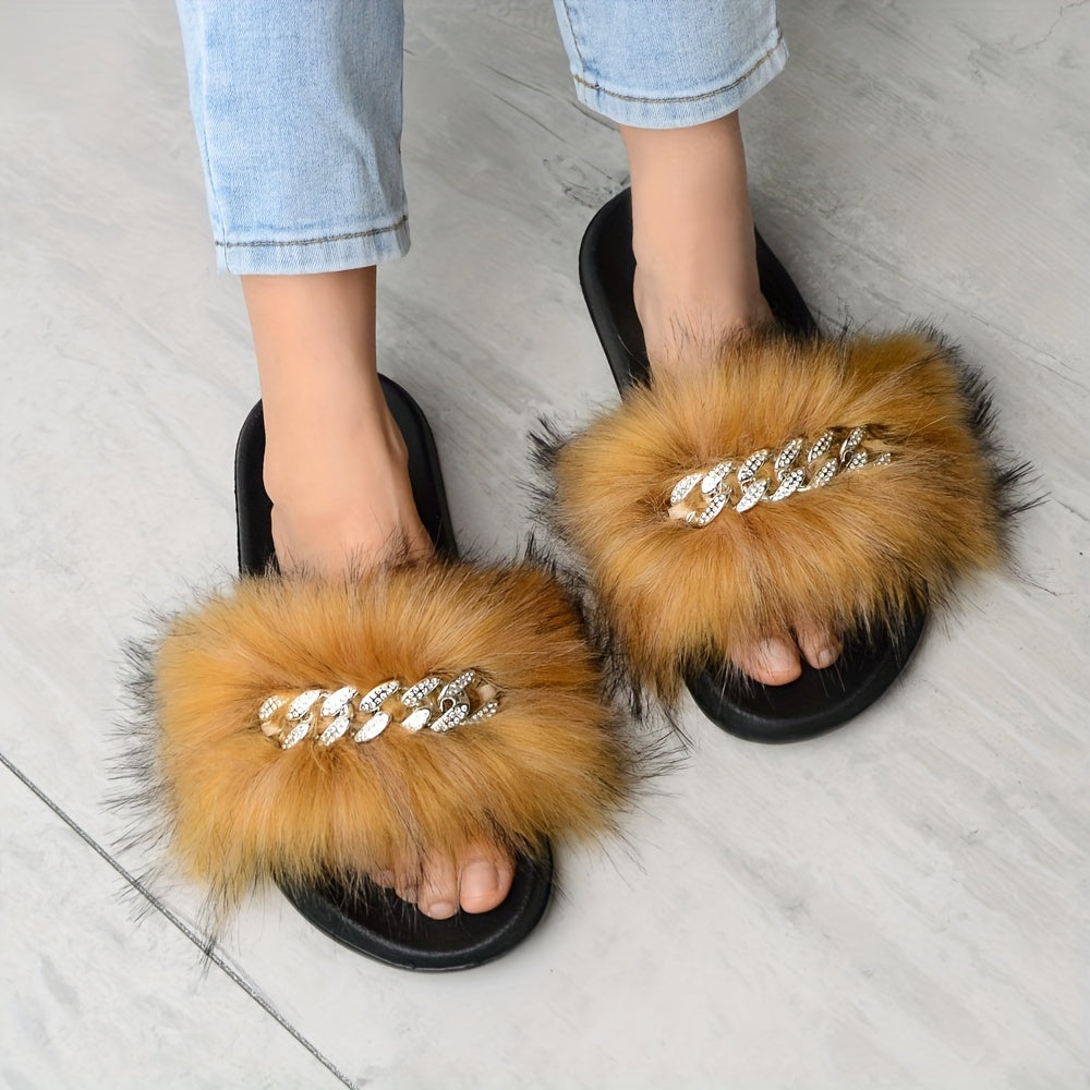 Women's Rhinestone Chain Flat Sandals Faux Fur Summer Casual Slides