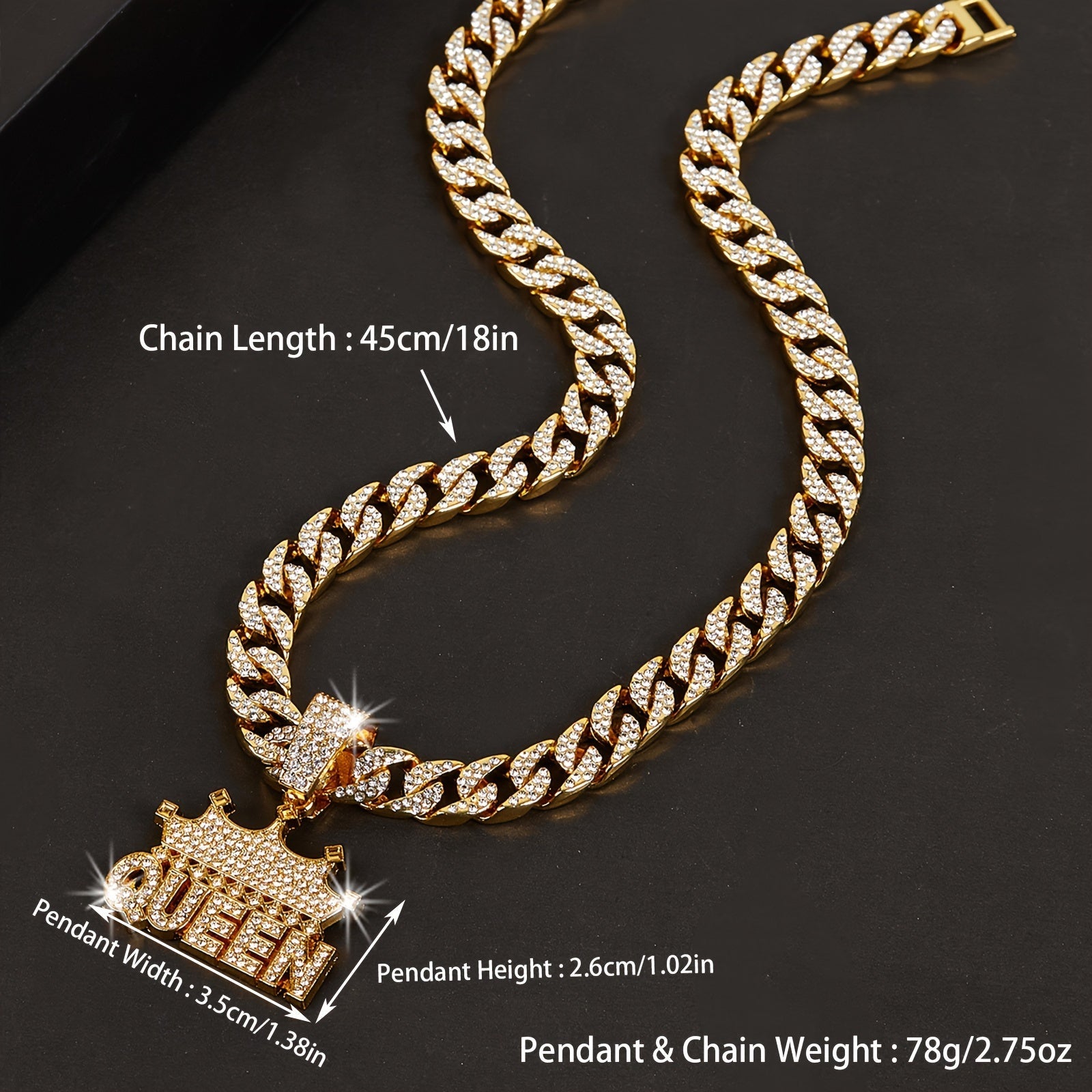 Women's Cuban Link Chain Necklace with Crown Queen Pendant Rhinestones Hip Hop Style