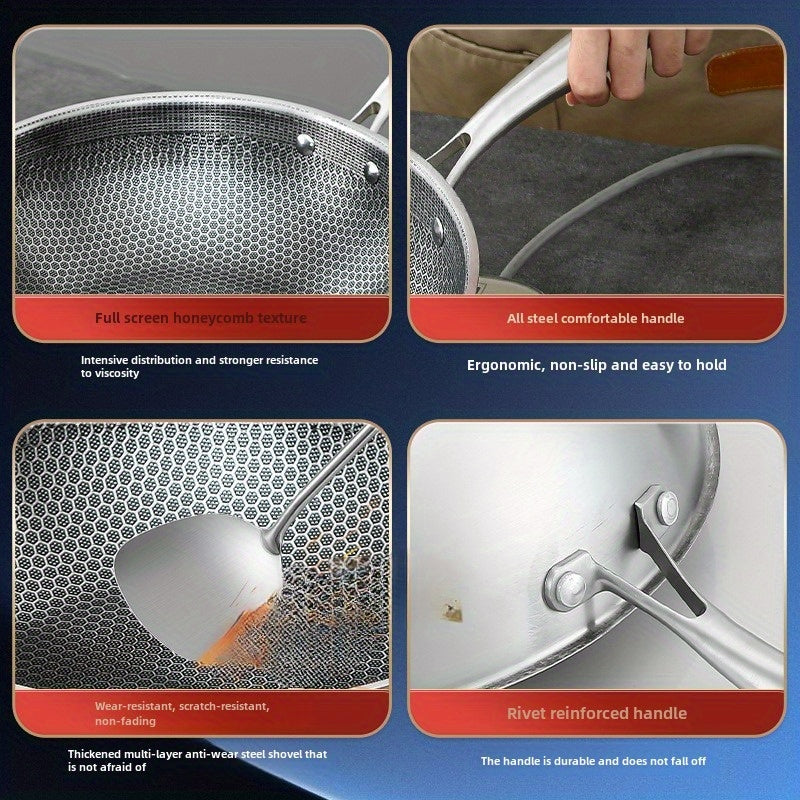 Stainless Steel Wok with Honeycomb Pattern Non-Stick Scratch-Resistant for Stir-Frying on Gas and Induction Cooktops