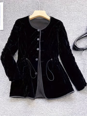 Women's Black Velvet Jacket with Waist-Cinching, Button Front, Tie Details for Spring Fall