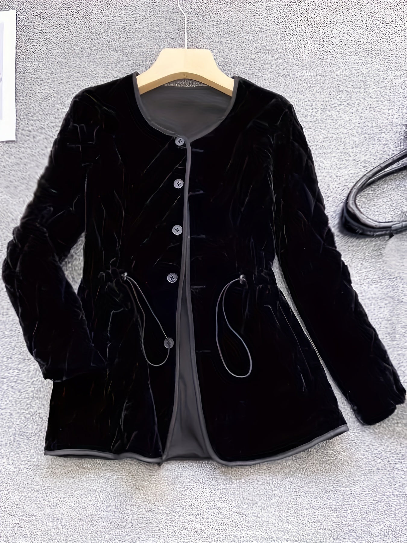 Women's Black Velvet Jacket with Waist-Cinching, Button Front, Tie Details for Spring Fall
