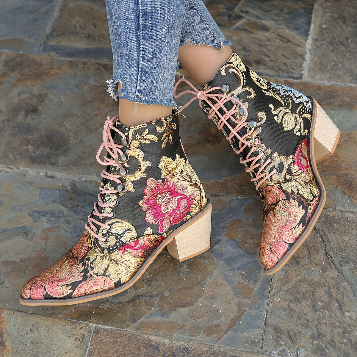 Women's Vintage Floral Leather Boots, Lace Up Chunky Heel Western Cowboy Shoes