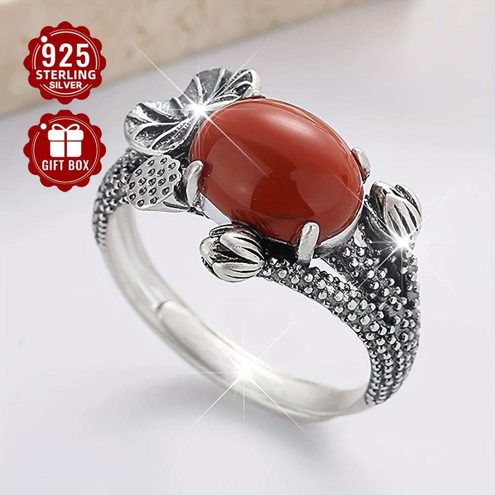 Sterling Silver Ring with Red Agate Lotus Leaf Design for Women and Daily Wear