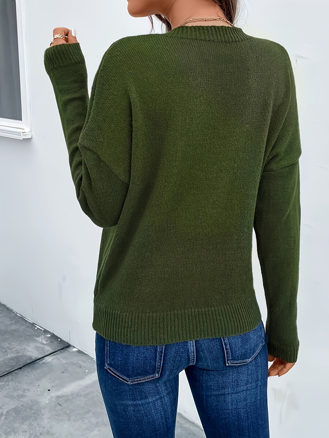 Plus-Size Women's Olive Green Ribbed Sweater Long Sleeve Pullover Casual Formal