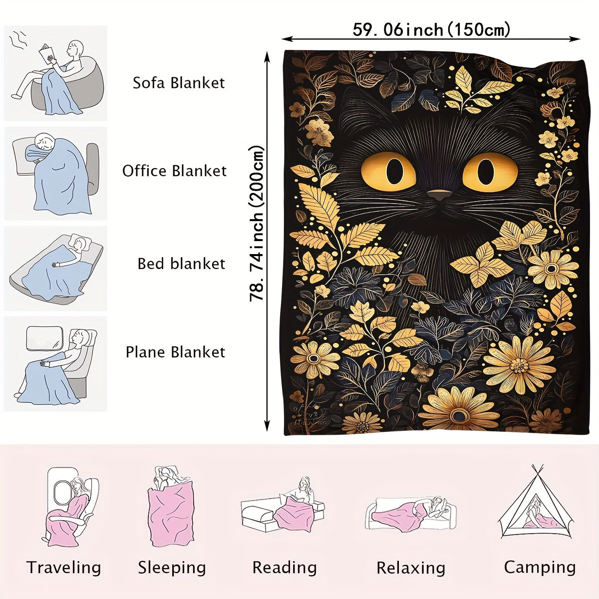 Black Cat Throw Blanket Soft Plush Flannel All-Season Cozy Gift