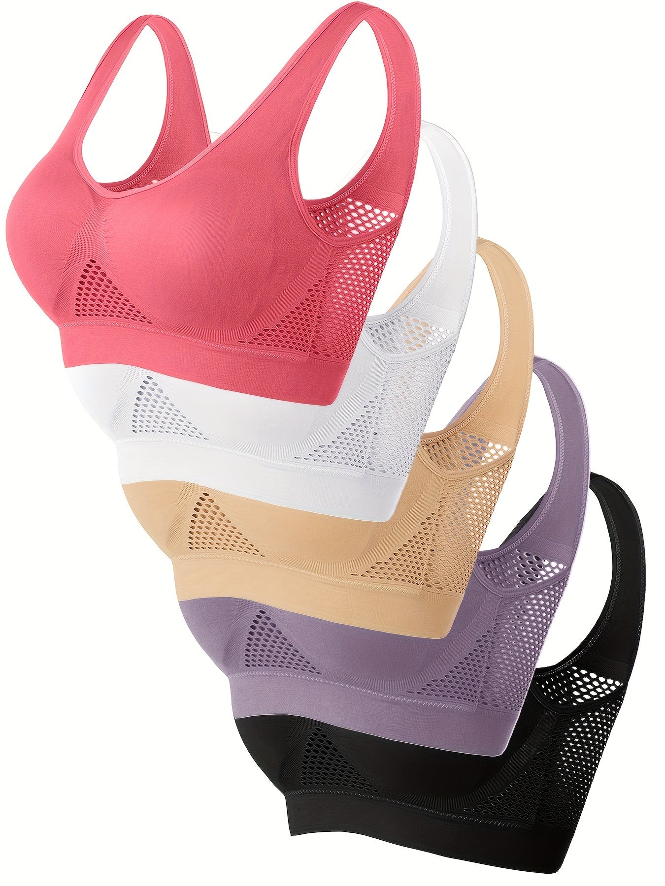 Women's Plus Size Sports Bra Solid Color Breathable High Stretch No Steel Ring 5pcs