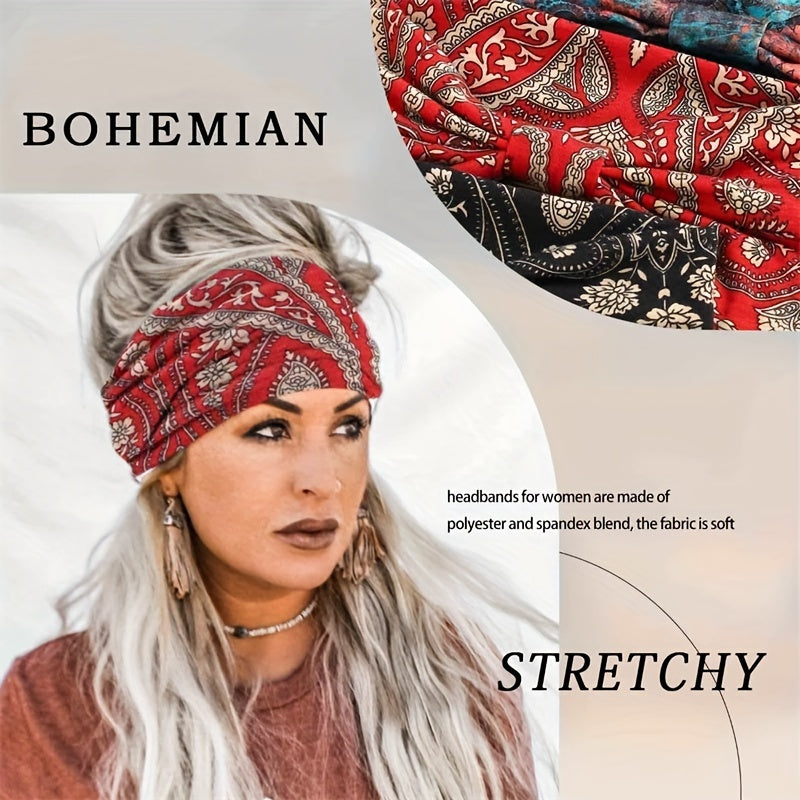 Set of 4 Boho Printed Elastic Knotted Headbands for Yoga Running Sports Women