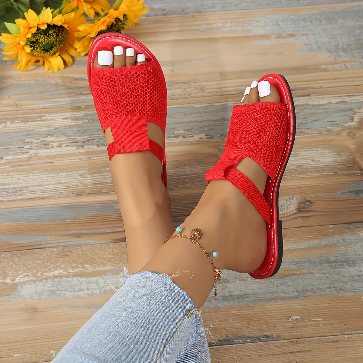 Women's Flat Knit Sandals Summer Slip-Resistant Lightweight Casual Beach Shoes